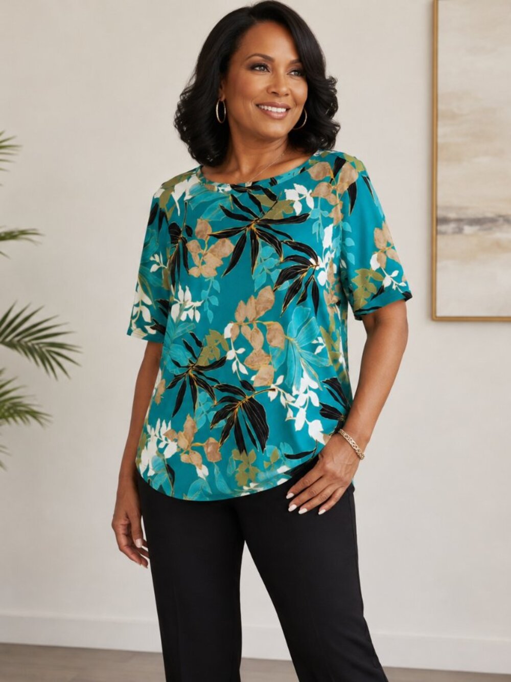 Chico’s XL 100% Pima Cotton Teal Tropical Floral Short Sleeve Top - Picture 1 of 8